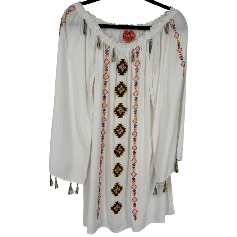 Anthropologie Pia Pauro Embroidered Beaded Tassel Tunic Coverup White Size Large